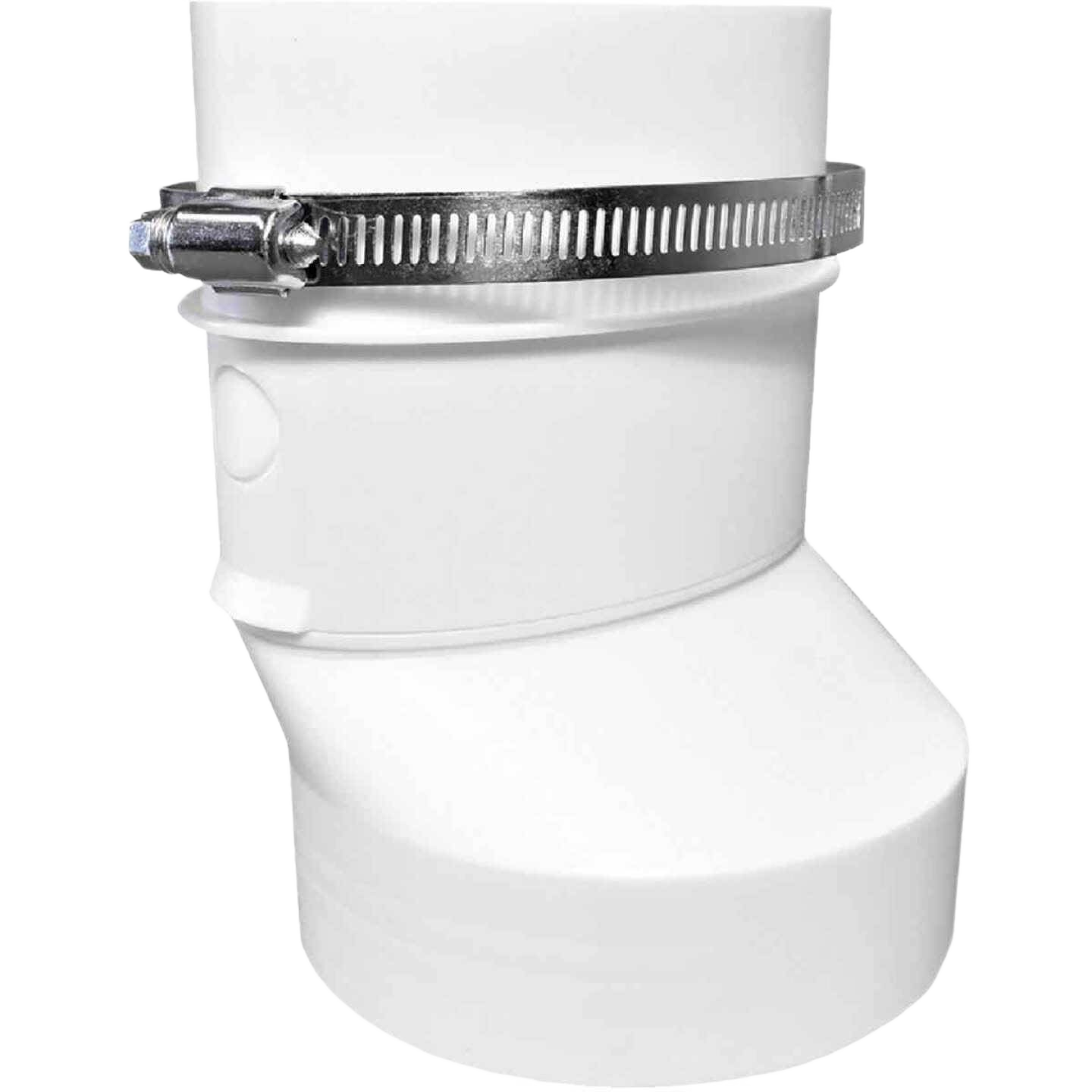 White plastic dryer duct adapter with metal clamp for connecting round to oval ducts in appliance parts collection