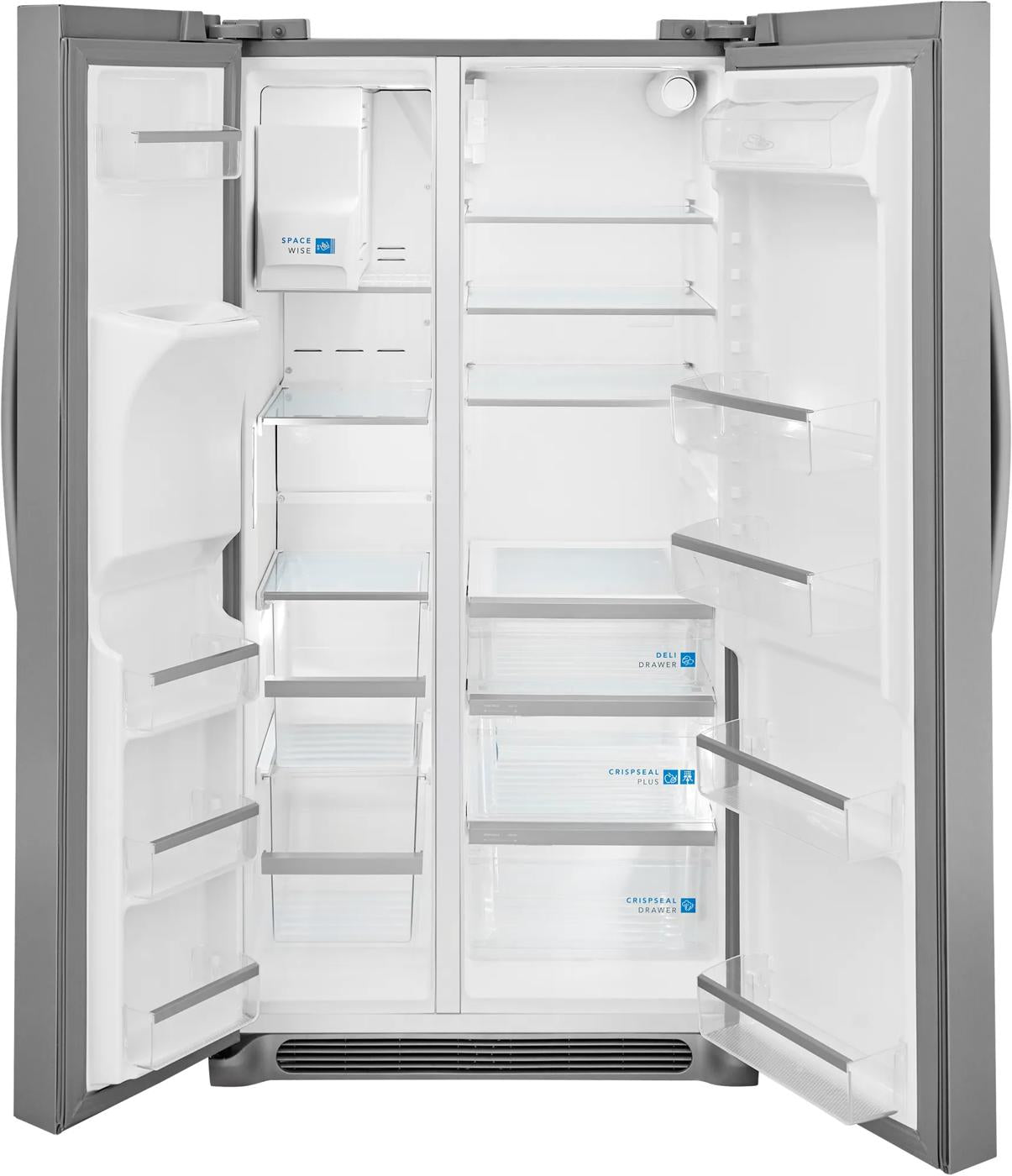 Open stainless steel side-by-side refrigerator interior with adjustable glass shelves and fresh zone drawers in appliances collection