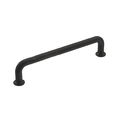 Matte black cabinet pull with curved wire design and pedestal feet for hardware and furniture accessories collections