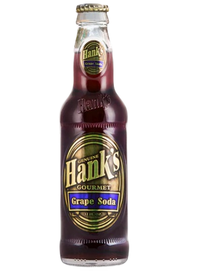 Glass bottle of Hanks grape soda in purple hue with vintage-style gold and blue label design