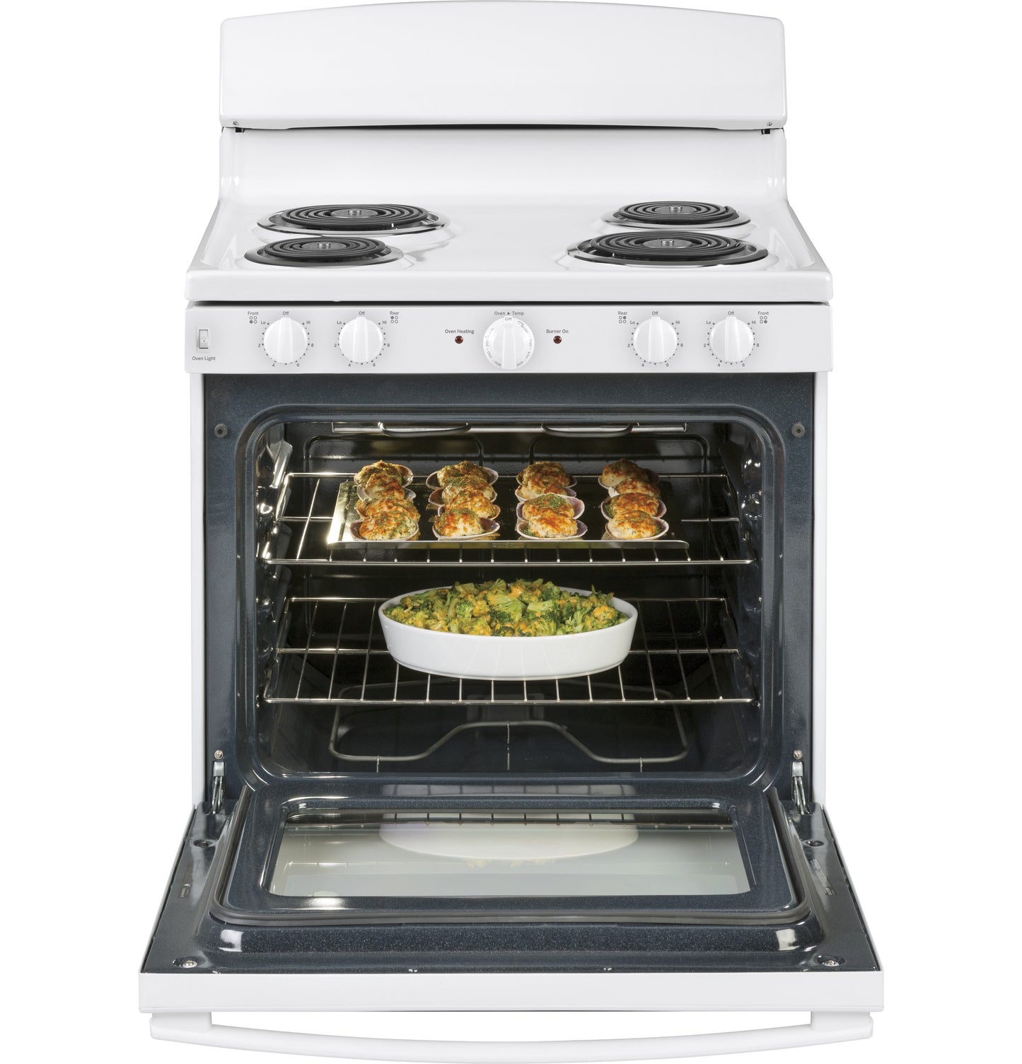 White electric range oven open with baked casserole and muffins inside from kitchen appliance collection