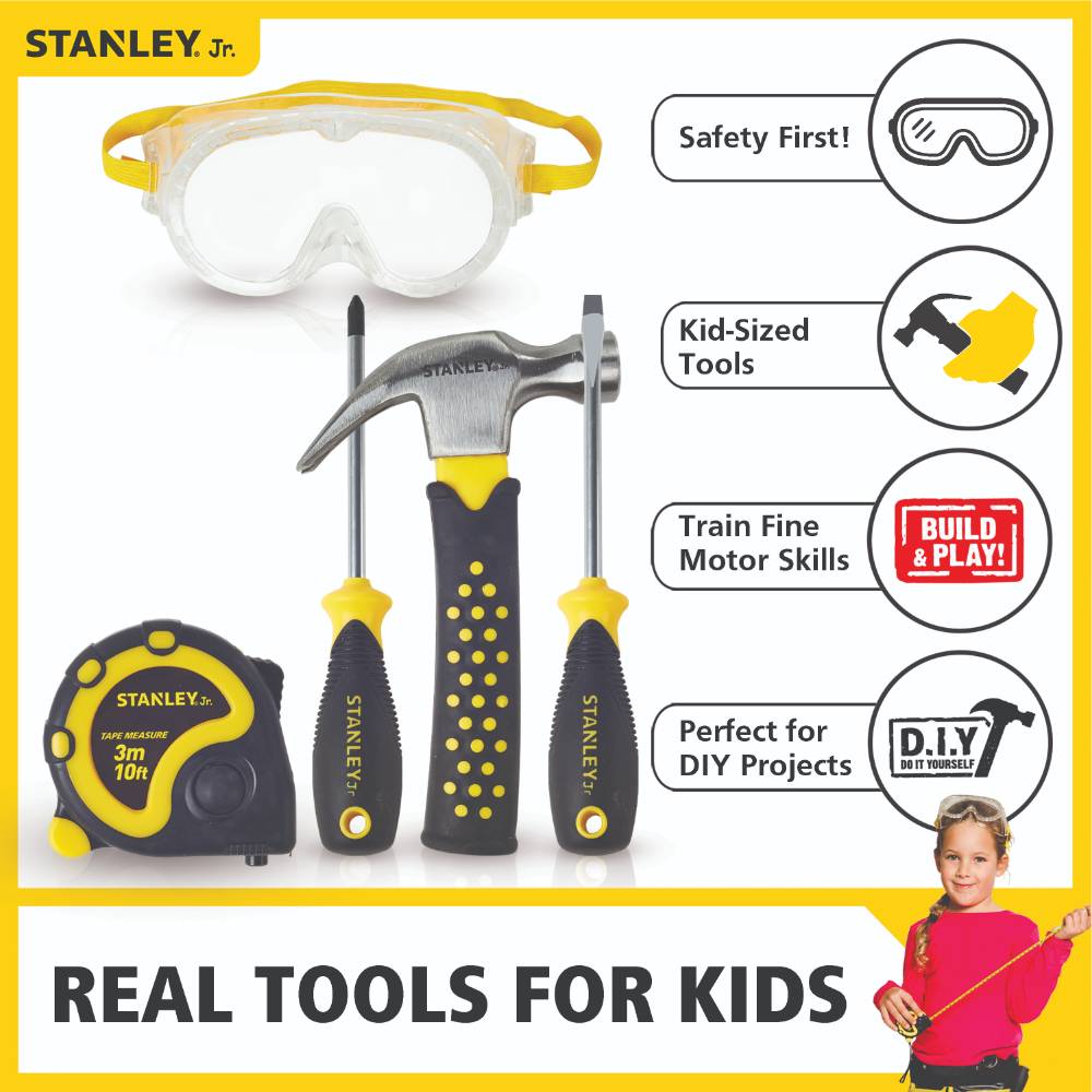 Kid-sized toolset with hammer, two screwdrivers, tape measure, and safety goggles in Pretend Play Toys under $50 collection