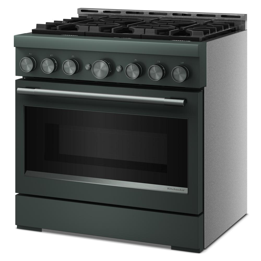 Angled view of a dark stainless steel 36-inch six-burner commercial-style gas range in appliances collection