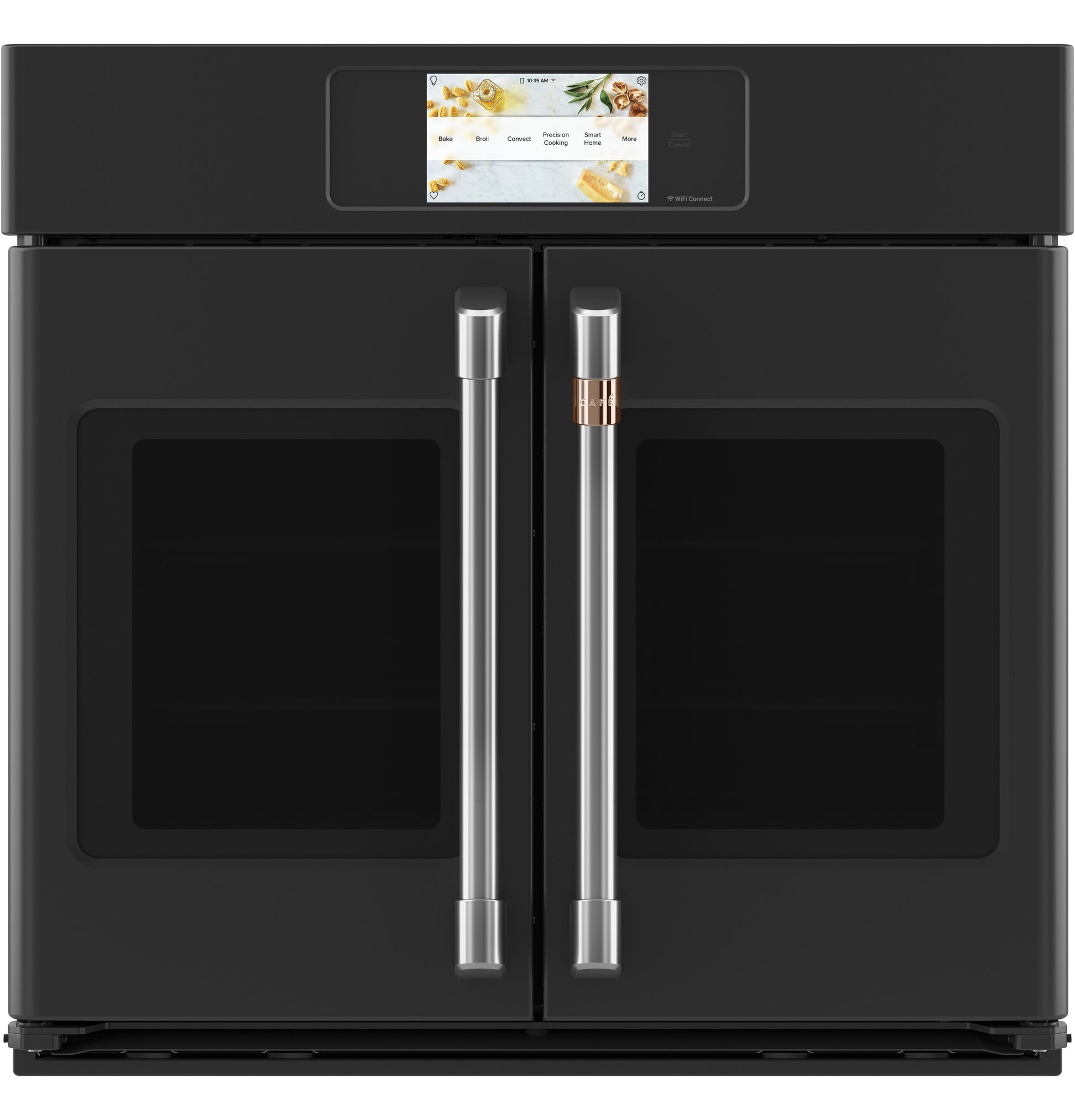 Black built-in convection wall oven with dual French doors and touchscreen control in modern kitchen setting