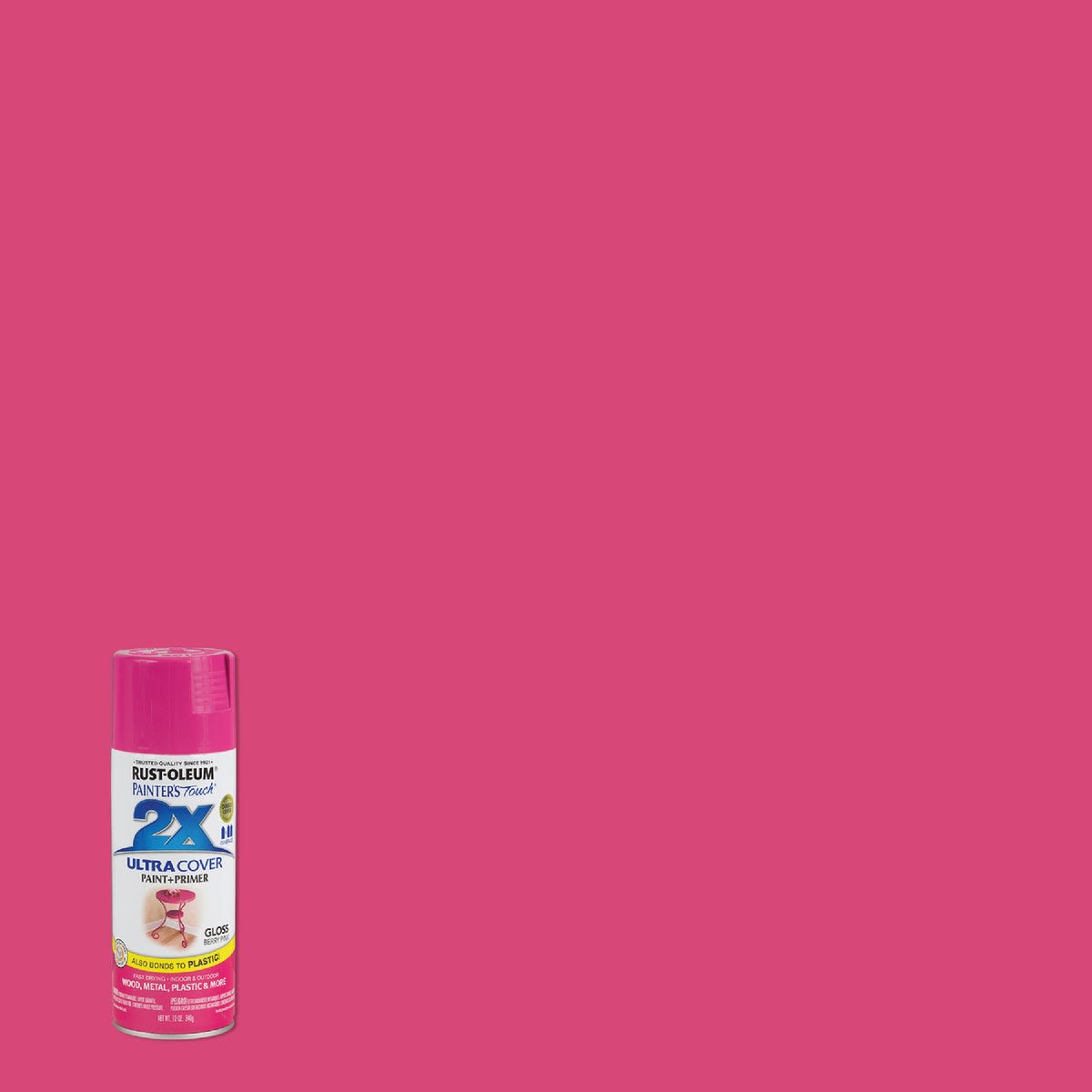 Berry pink gloss spray paint and primer can with matching vibrant paint background in Rust Oleum collection