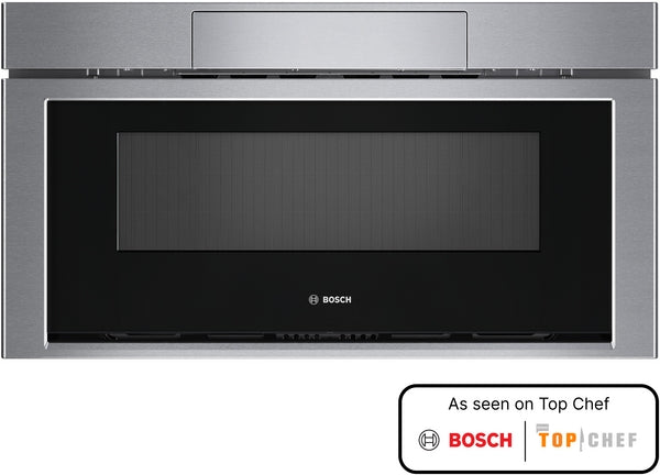 Stainless steel built-in microwave drawer with digital display and handle, part of Bosch kitchen appliances collection