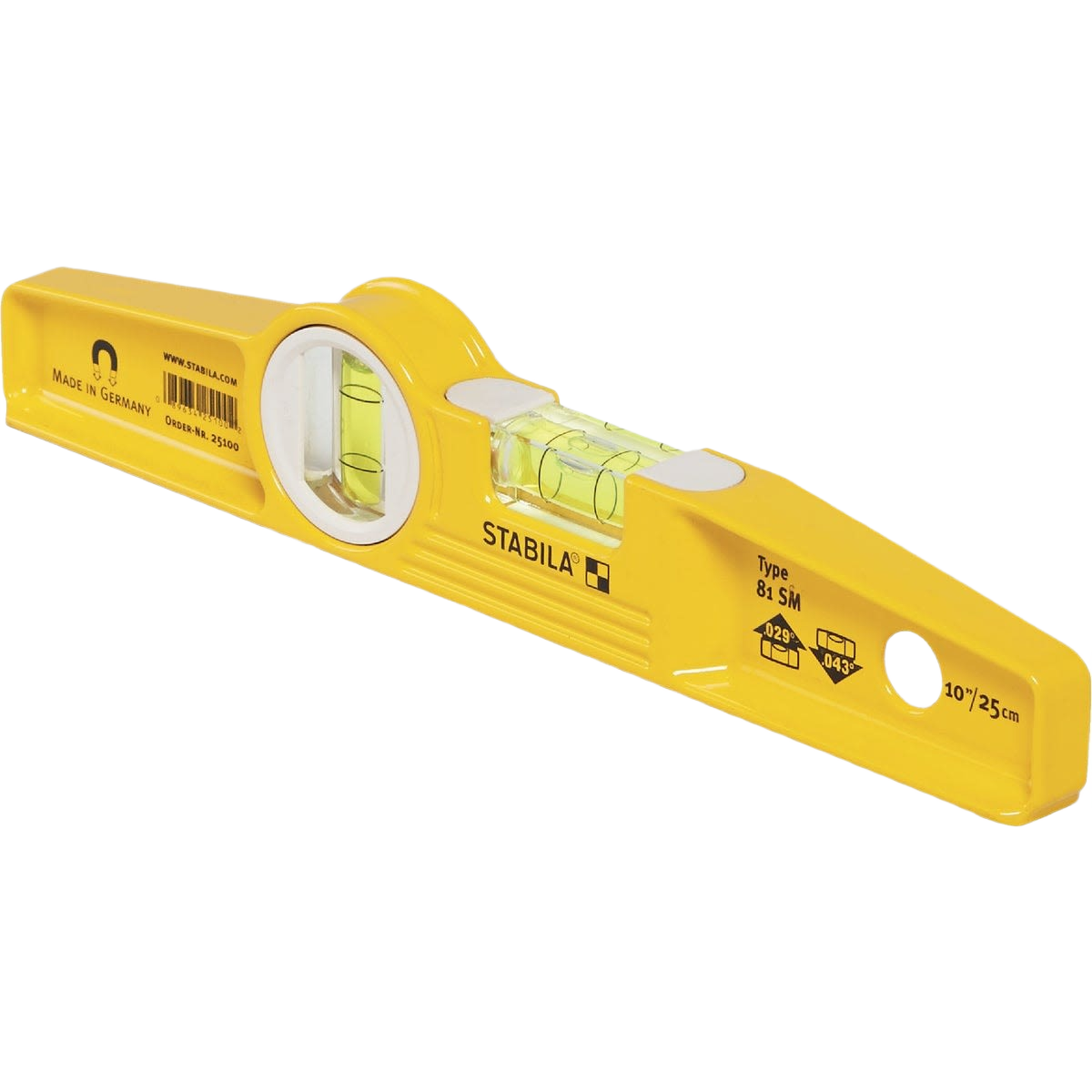 Yellow Stabila torpedo level with three bubble vials, die-cast aluminum frame for woodworking and measuring tools collection