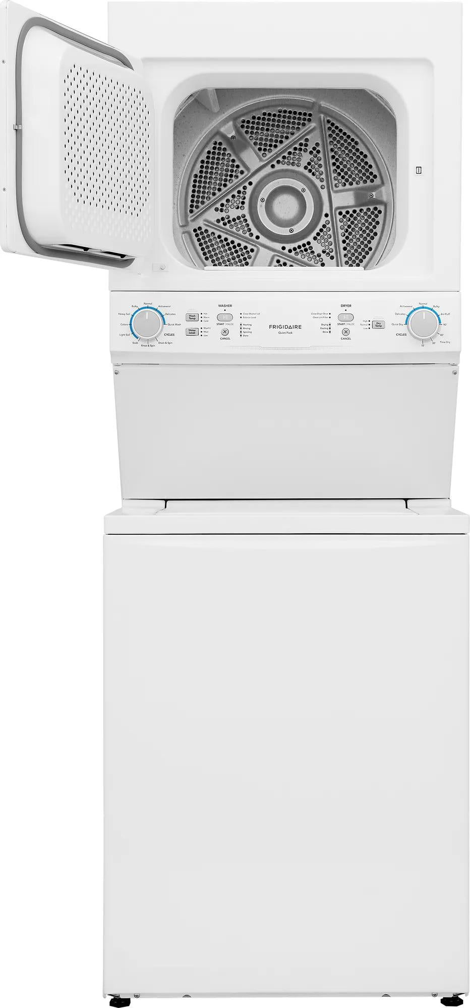 White electric long vent stacked laundry center with open dryer door revealing stainless steel drum and control dials, part of appliance laundry centers at Hartville Hardware.