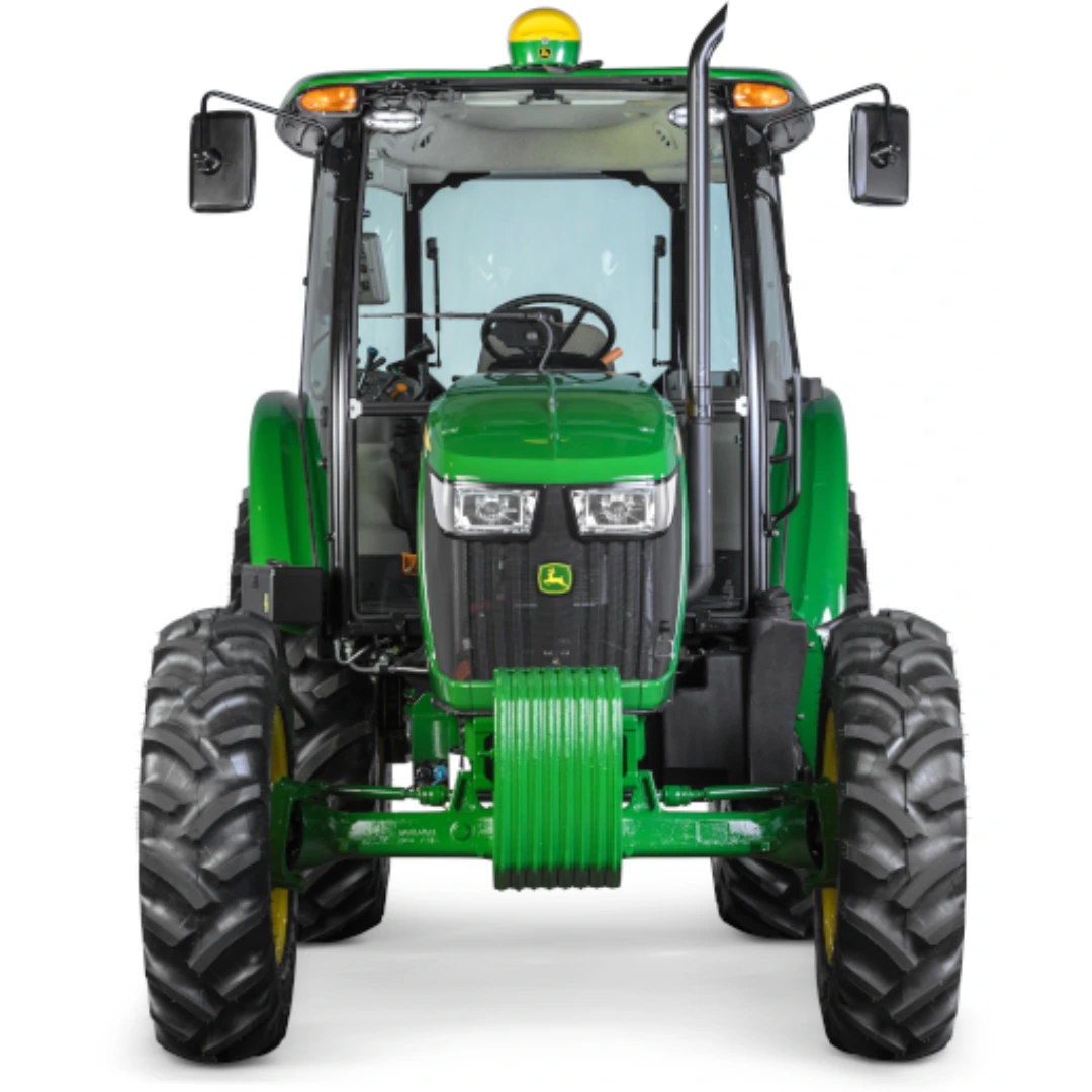 Green utility tractor with enclosed cab, front weights, and large treaded tires for agricultural and home improvement tasks