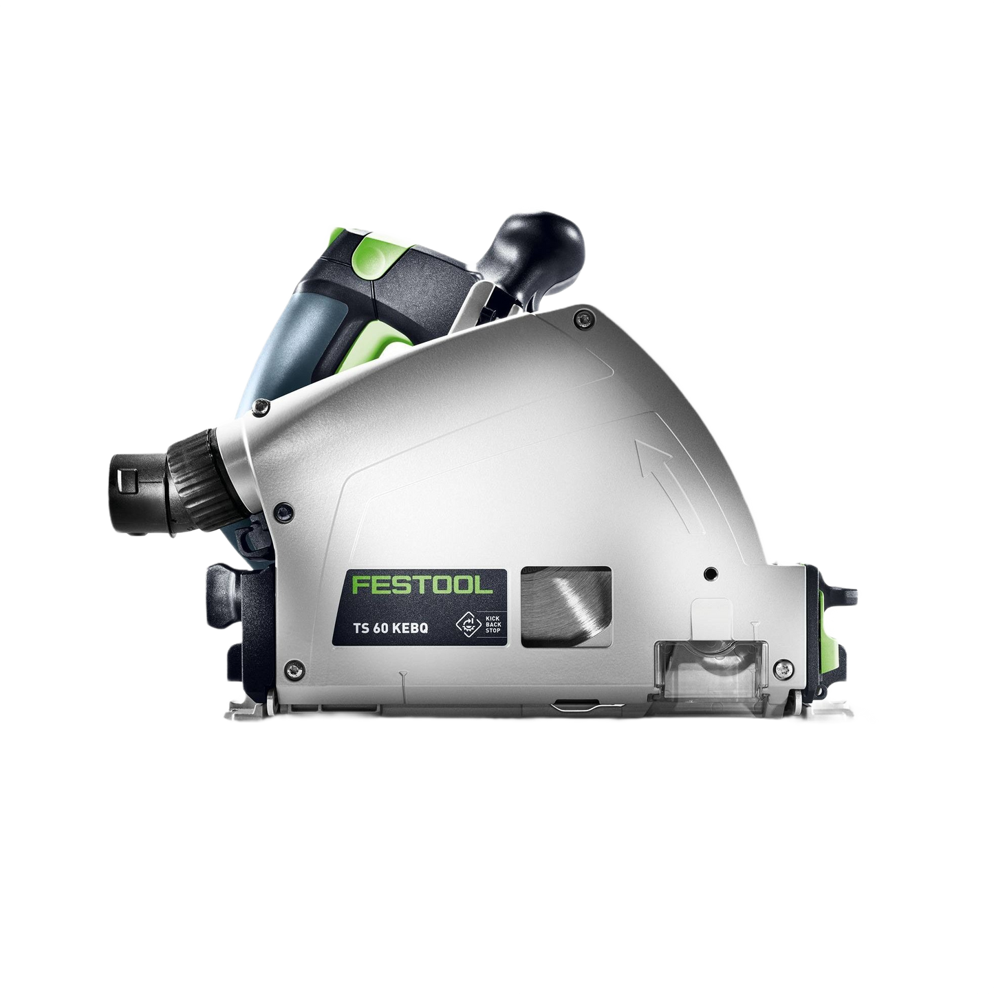 Silver and black Festool plunge cut track saw with green accents for precise woodworking and power tool use