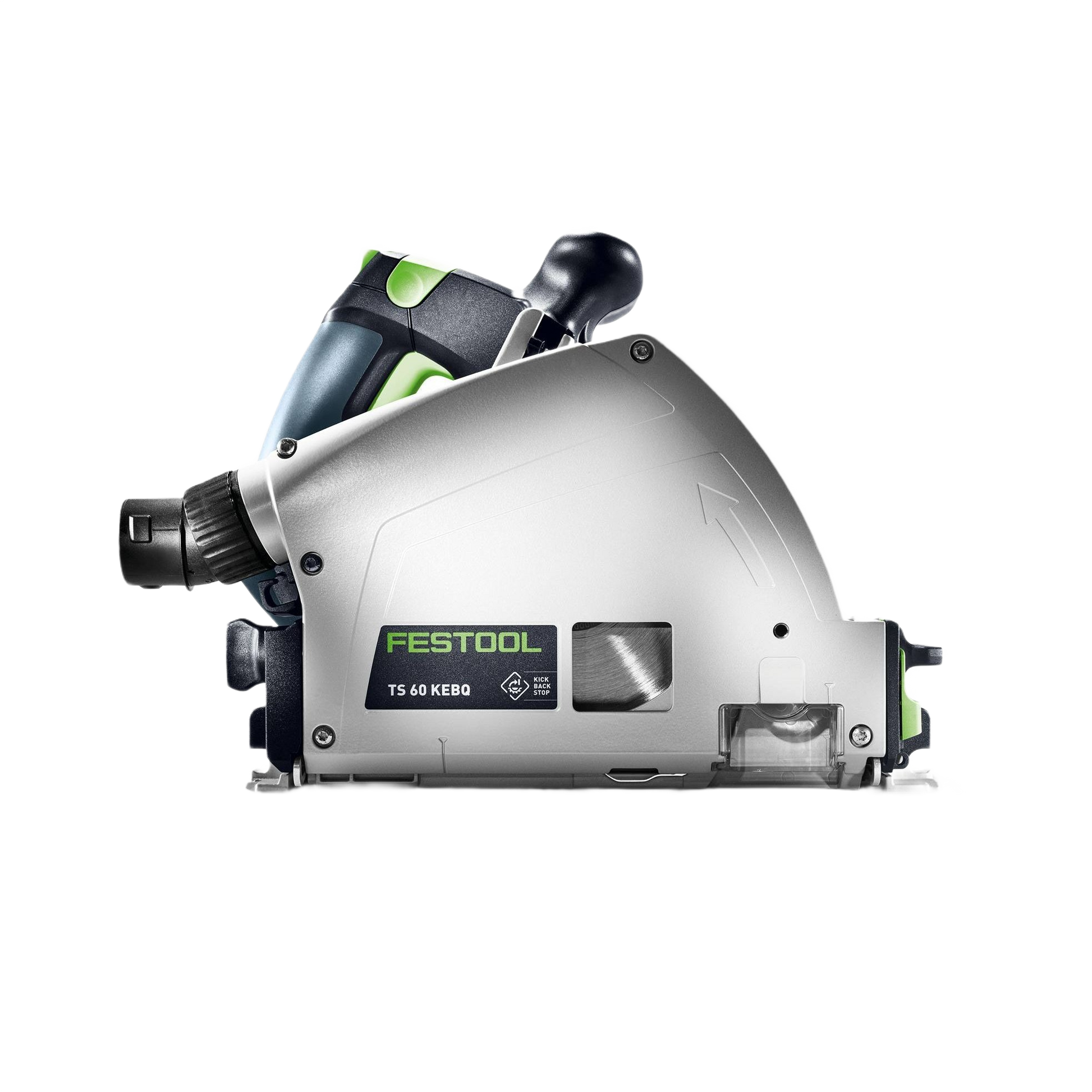 Silver and black Festool plunge cut track saw with green accents for precise woodworking and power tool use