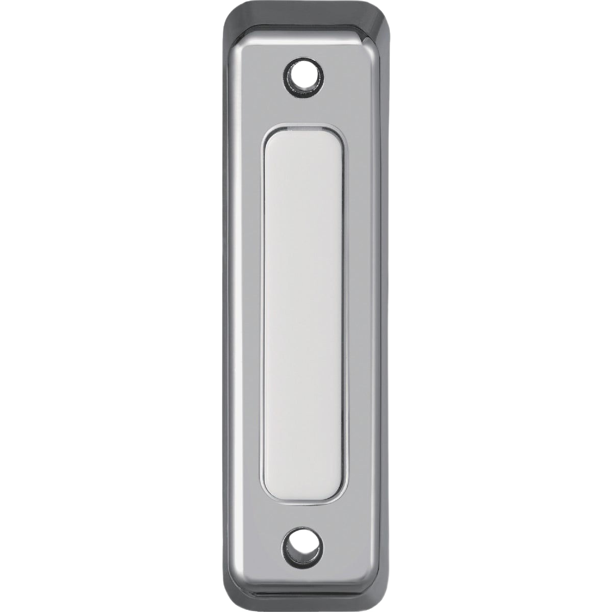 Satin nickel rectangular doorbell button with built-in light for residential home improvement projects