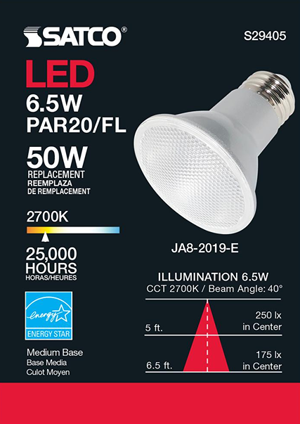 6.5 watt PAR20 LED warm white floodlight bulb with medium base and 40-degree beam for energy-efficient home lighting