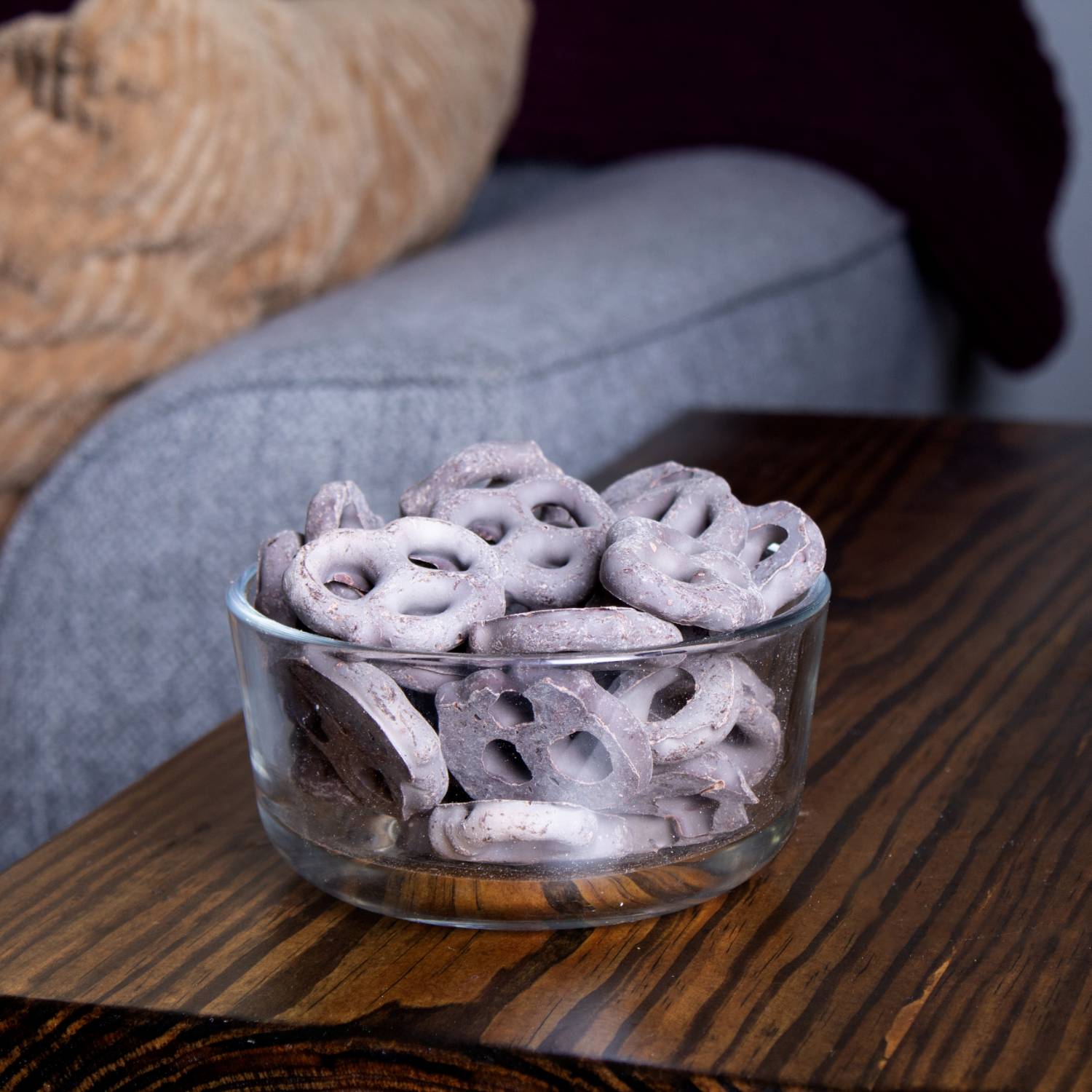 Glass bowl filled with white chocolate covered pretzels from Chips & Snacks and Food & Beverage under $50 collections