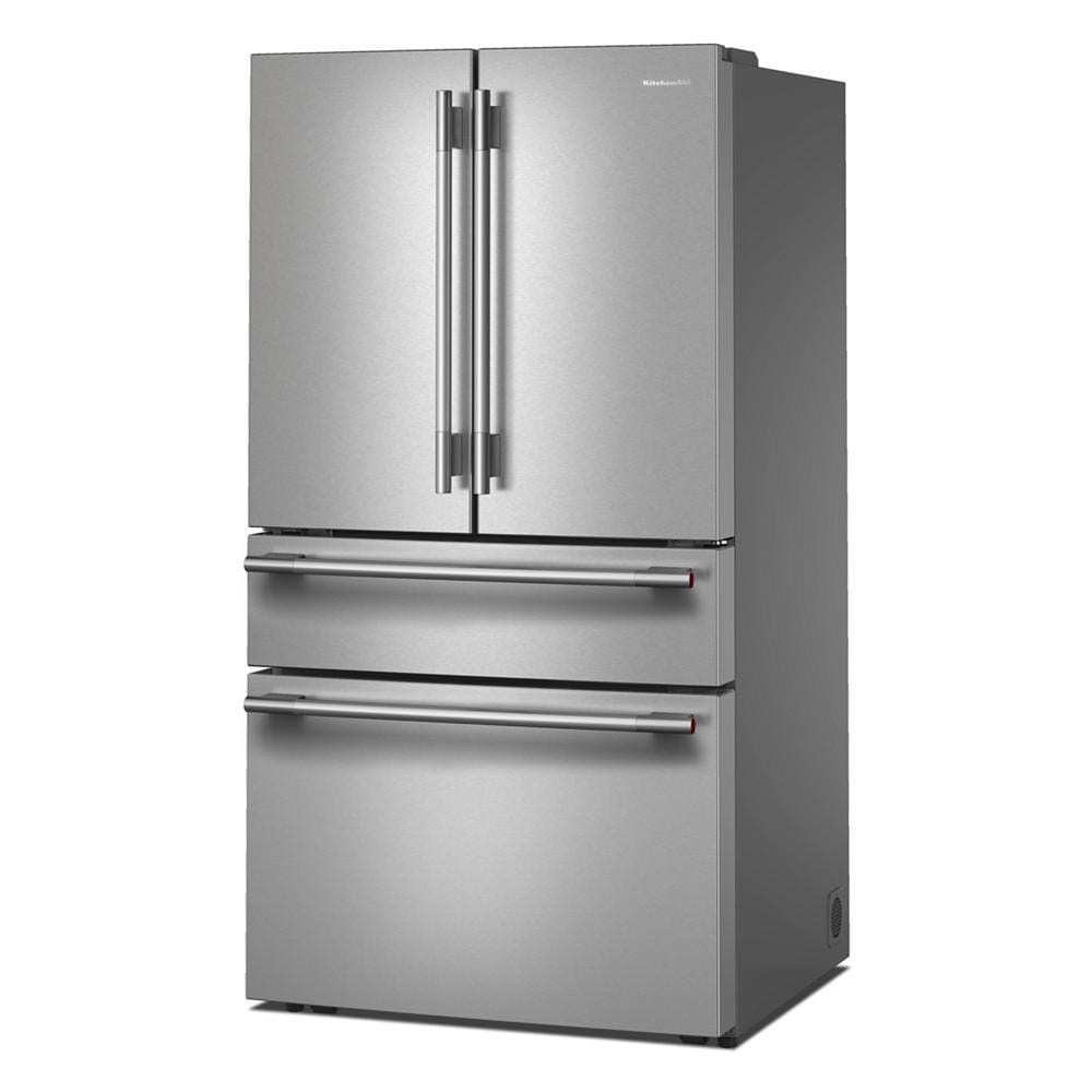 KitchenAid stainless steel French door refrigerator with dual drawers and vertical handles in appliances collection