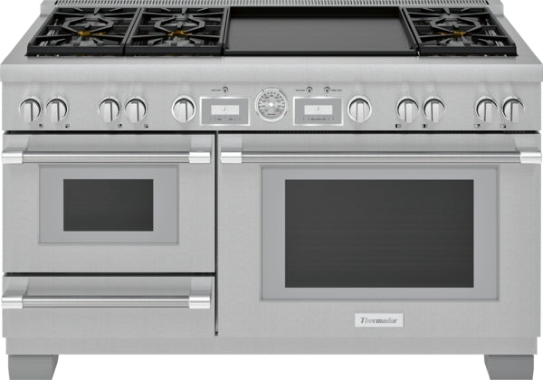 Stainless steel dual fuel professional range with six burners, double oven, and 24-inch double griddle from Thermador collection