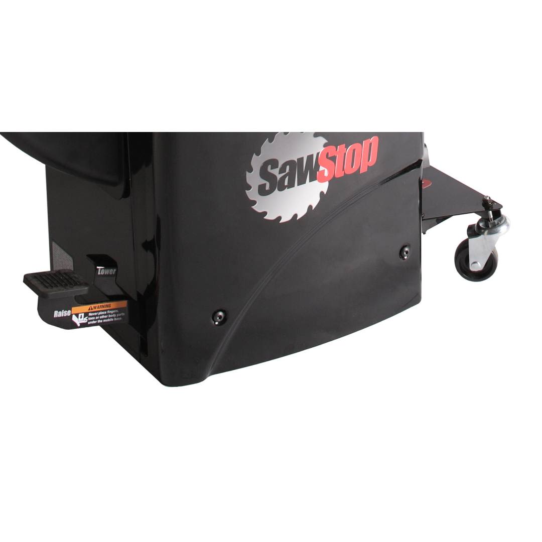 Black metal mobile base component with locking caster wheel for saw support in woodworking tool storage collections