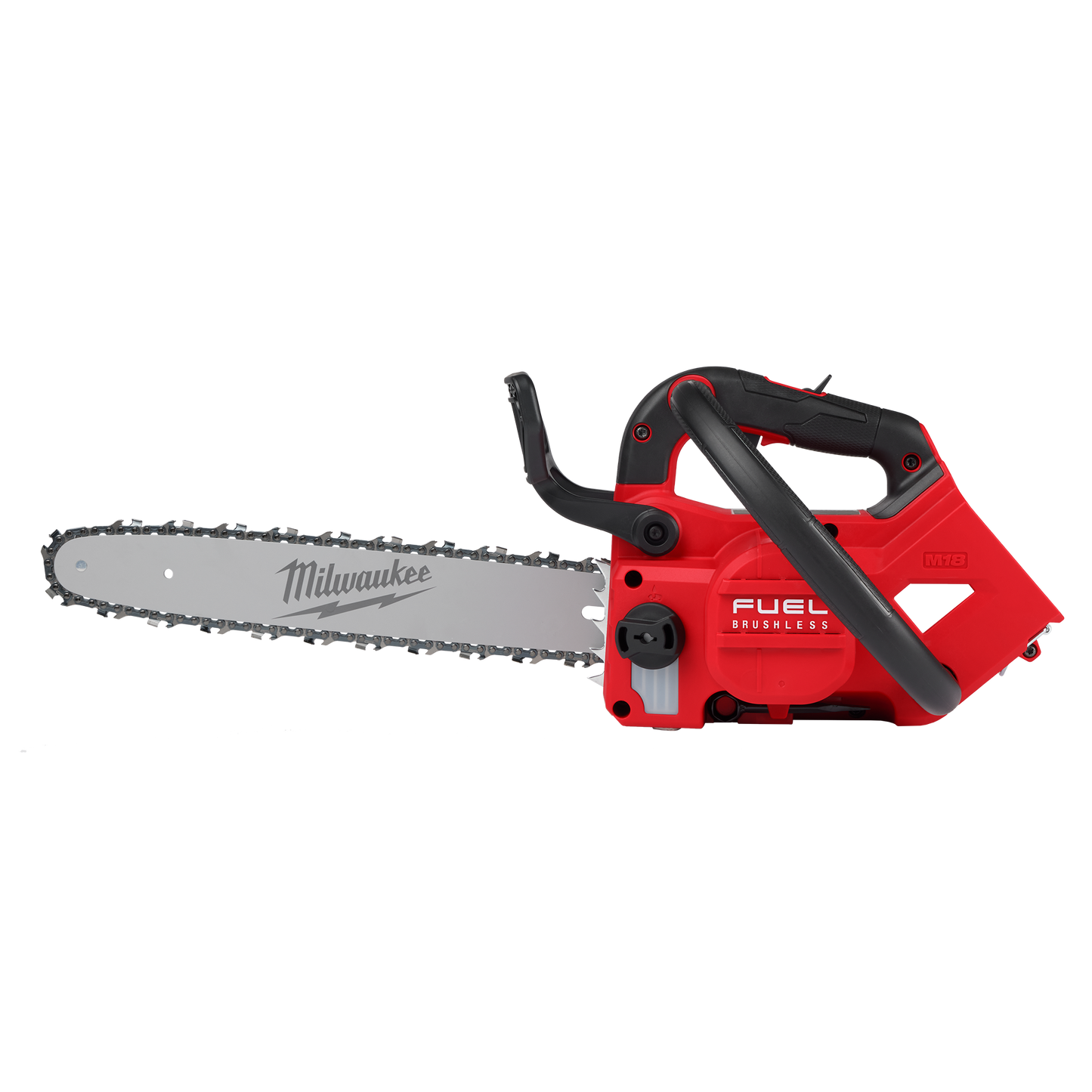 Red Milwaukee cordless top handle chainsaw with 14-inch bar designed for home improvement tool use