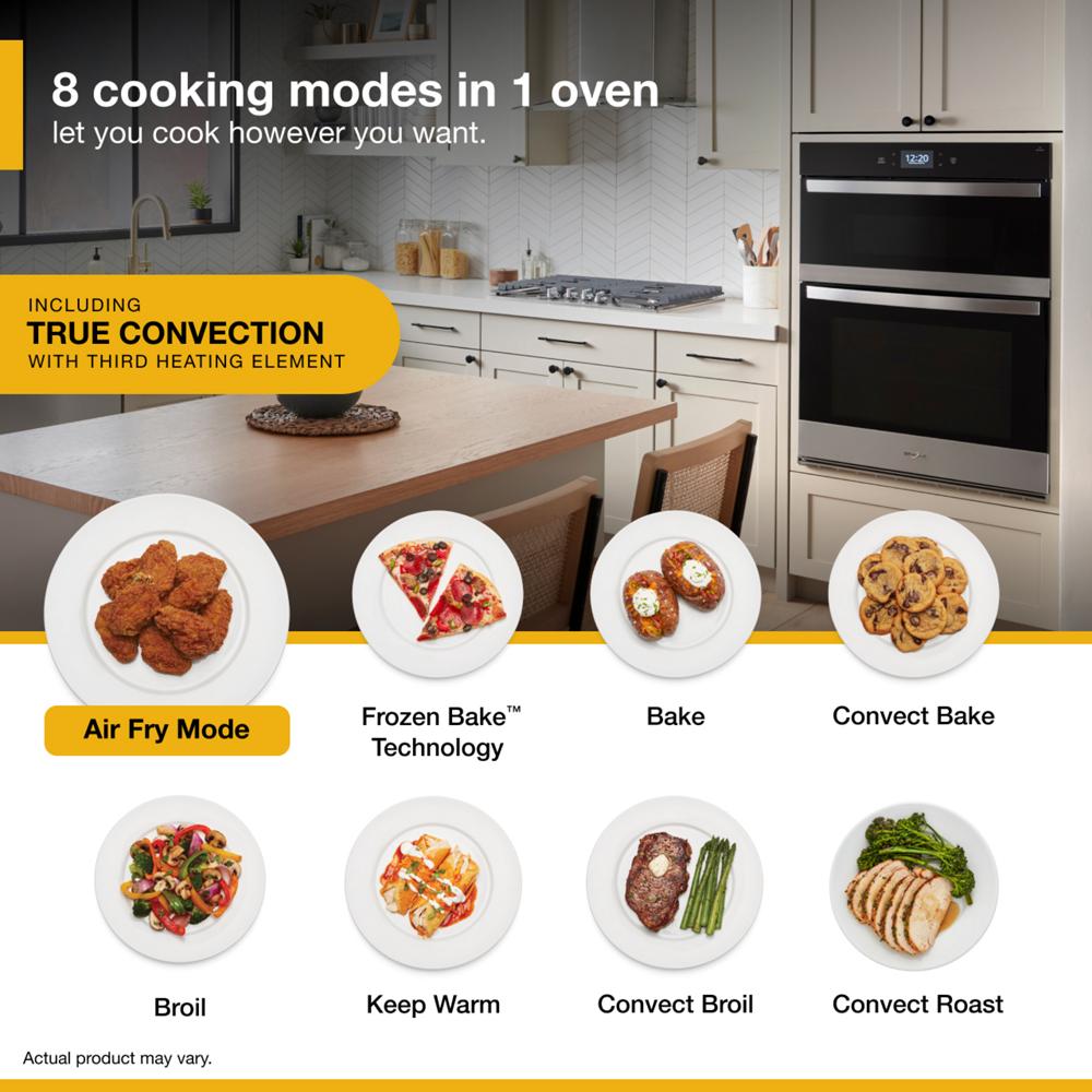 Modern kitchen with built-in stainless steel wall oven featuring 8 cooking modes including air fry and convection bake