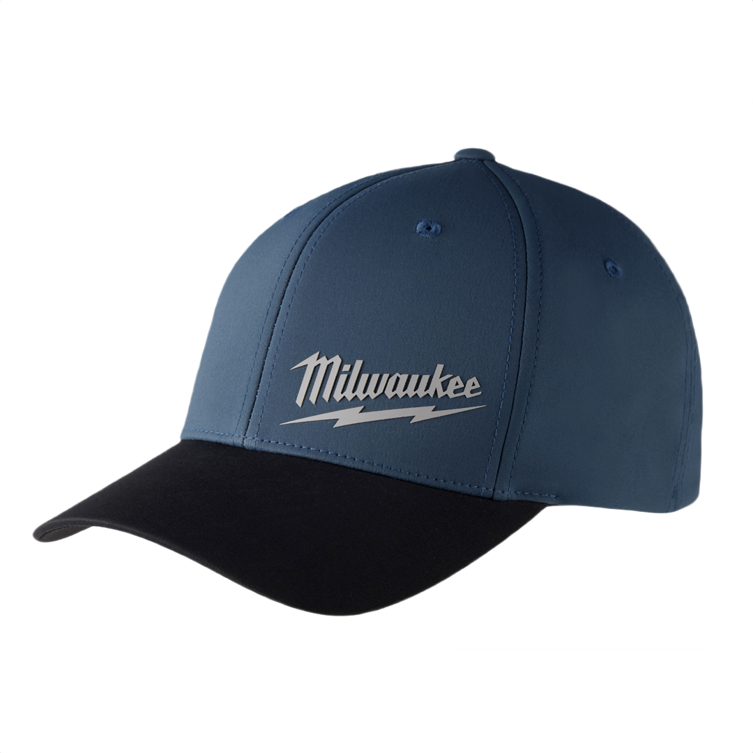 Blue fitted work hat with black brim and contrasting Milwaukee logo, designed for tools and home improvement use