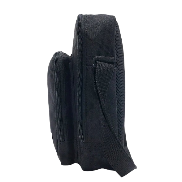 Compact black crossbody bag with adjustable strap and multiple zip compartments for easy storage and daily use.