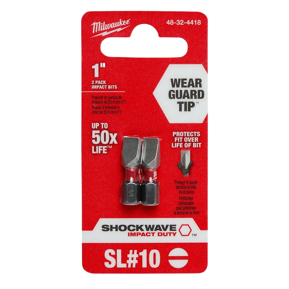 Two 1-inch #10 slotted impact duty drill bits with Wear Guard Tip technology in red Milwaukee packaging