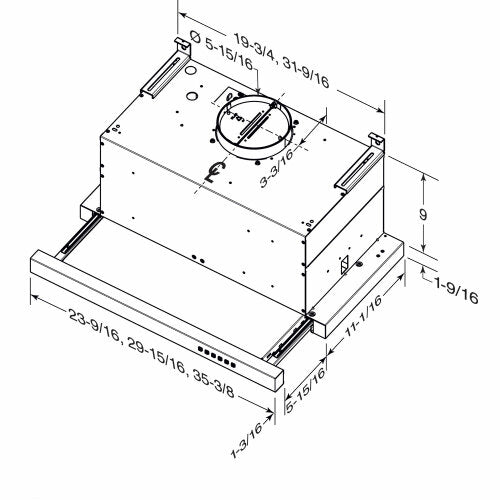 Technical line drawing of a slide-out range hood with detailed measurements from the range hoods and appliances collection.
