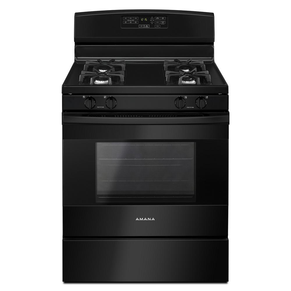 Black 30-inch gas range with four burners, digital control panel, oven window, from Ranges & Kitchenware collections