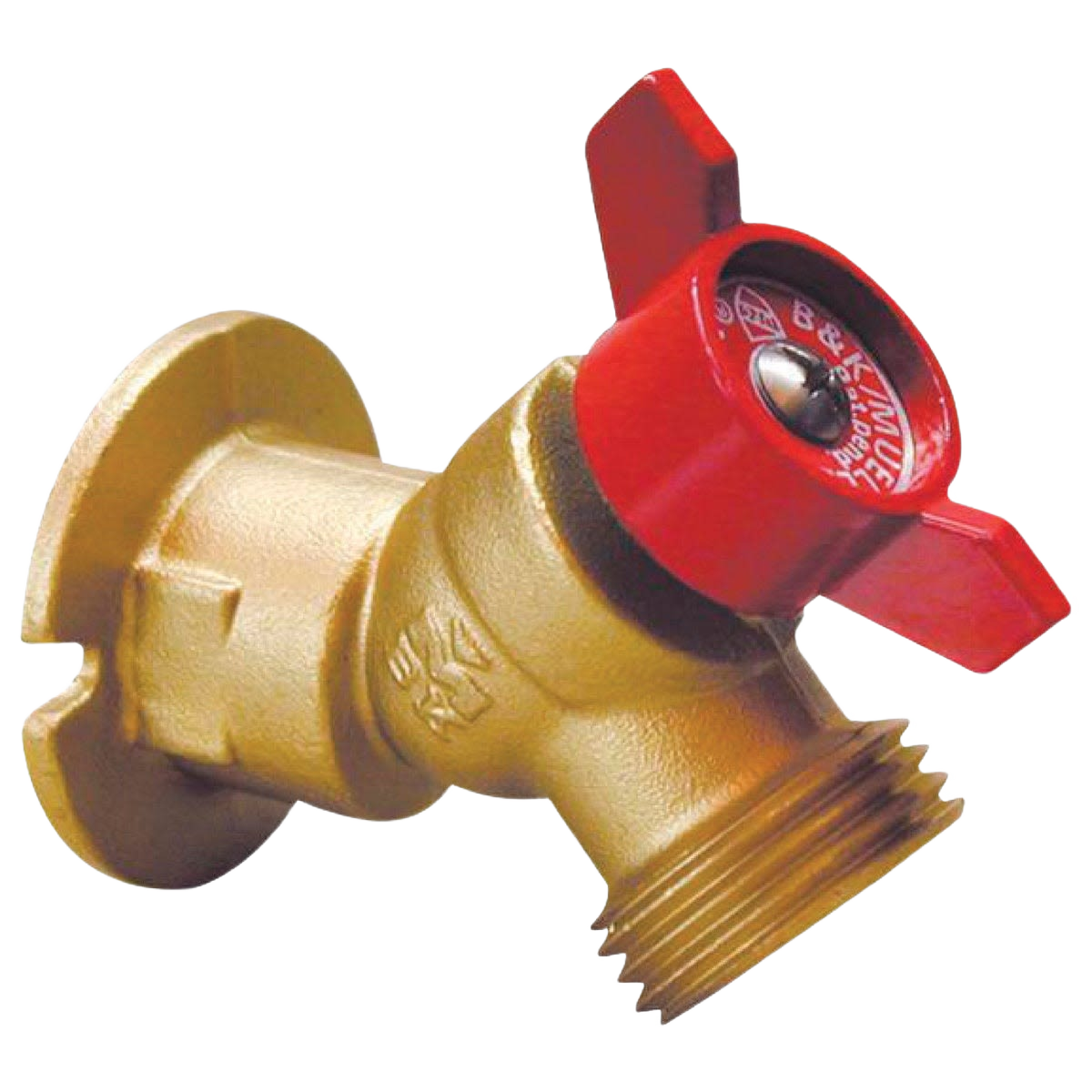 Brass outdoor quarter-turn valve with red wing handle for water control in tools and home improvement tasks