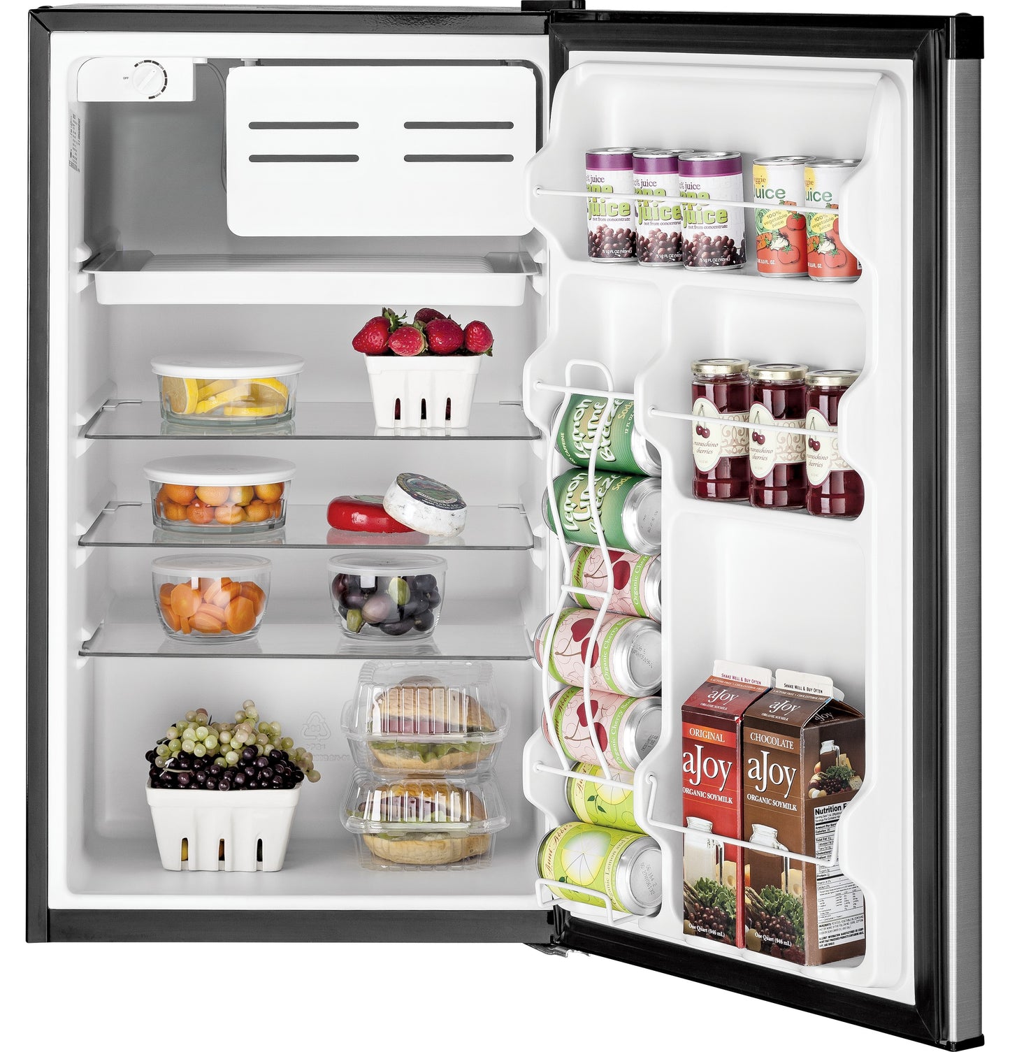 Open compact refrigerator with organized shelves and door storage holding beverages and fresh produce in appliances collection