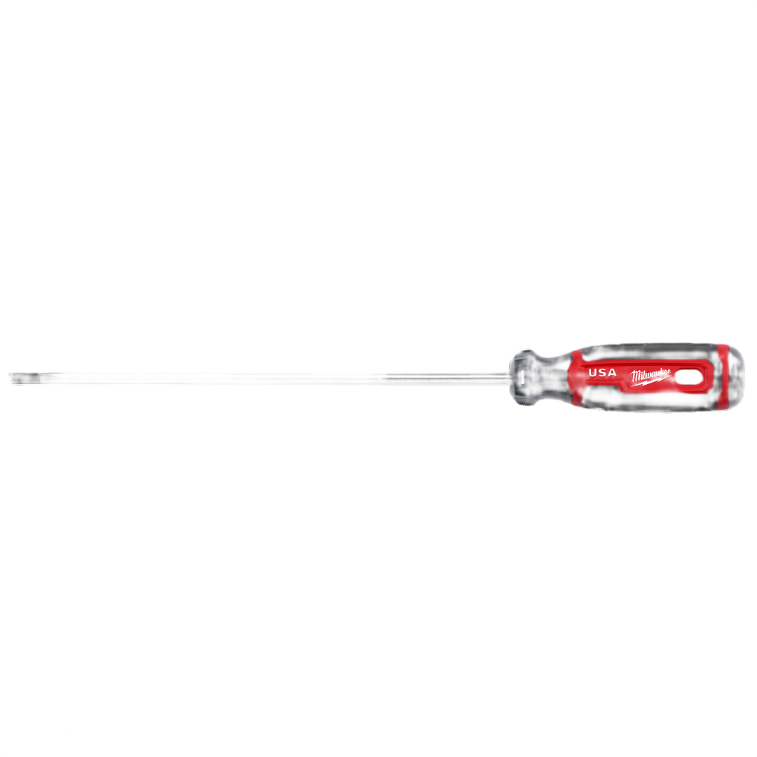 Red and black cushioned grip screwdriver with long 8-inch steel shank for precision tools and home improvement tasks