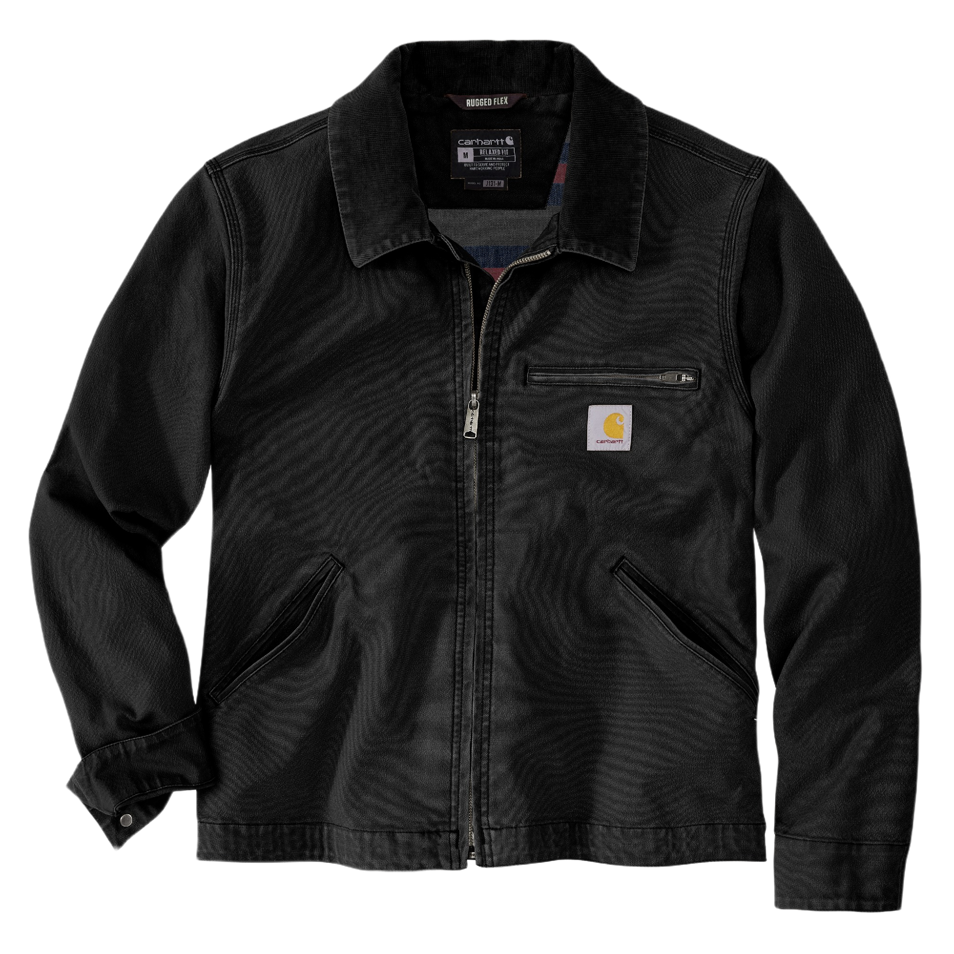 Black durable cotton canvas jacket with zip front, chest pocket, and relaxed fit in men's outerwear collections