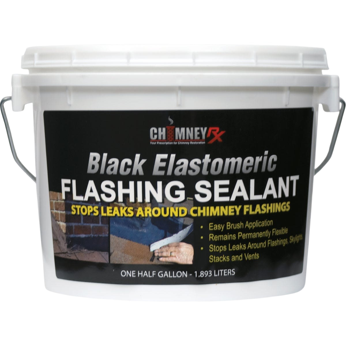 White plastic container of black elastomeric flashing sealant for stopping leaks around chimney flashings in home improvement projects