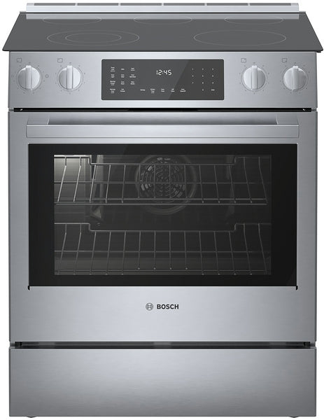 Electric slide-in stainless steel range with glass cooktop, metal knobs, and digital touch controls from Bosch Appliances collection