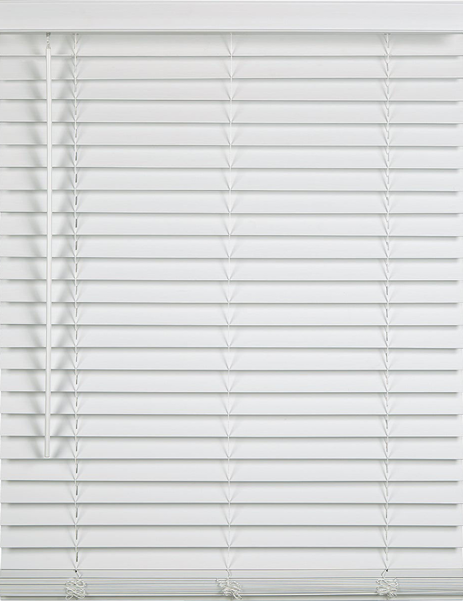 White faux wood cordless window blind with wide slats for home improvement and light control applications