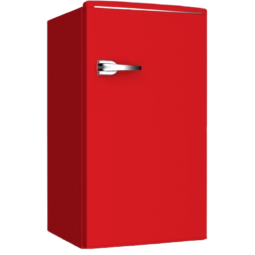Compact red retro-style refrigerator with chrome handle, suitable for mini refrigerator and kitchen appliance collections