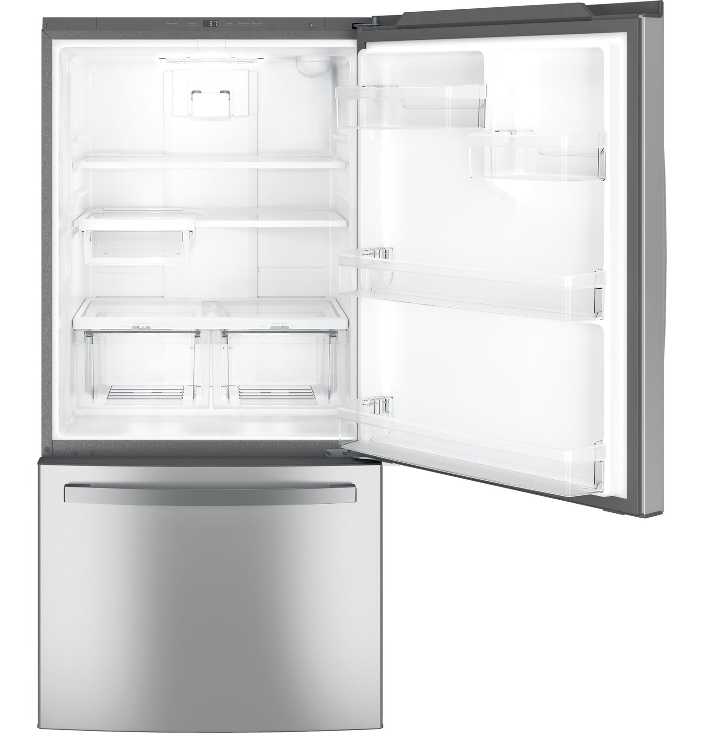 Open stainless steel bottom-freezer drawer refrigerator with adjustable shelves in kitchen and appliances collection