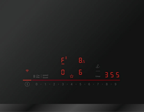 Close-up of black induction cooktop touch control panel with red digital display from Bosch Appliances collection
