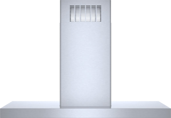 Stainless steel island range hood chimney extension with vent grille in Bosch kitchen appliances collection