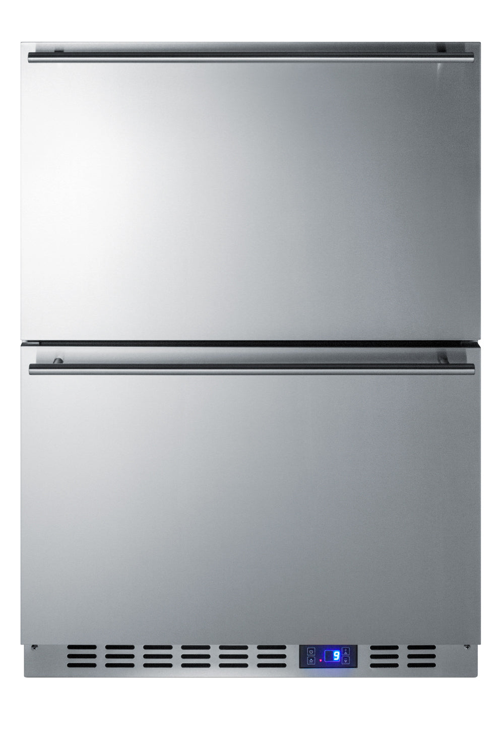 Stainless steel built-in 24" wide freezer with two drawers and digital temperature display in appliances collection