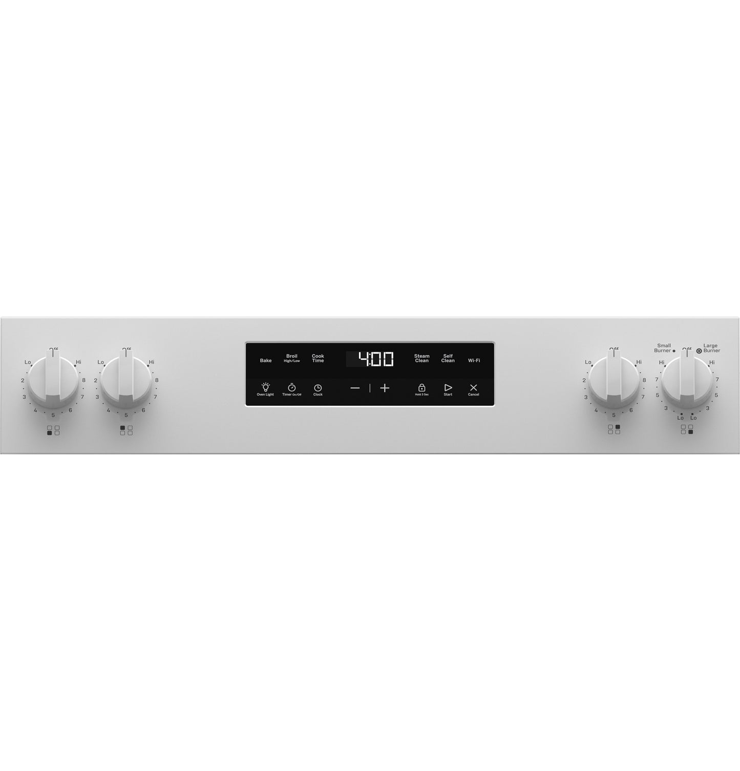 Control panel of white electric range with four metal knobs and digital display set at 400 degrees Fahrenheit