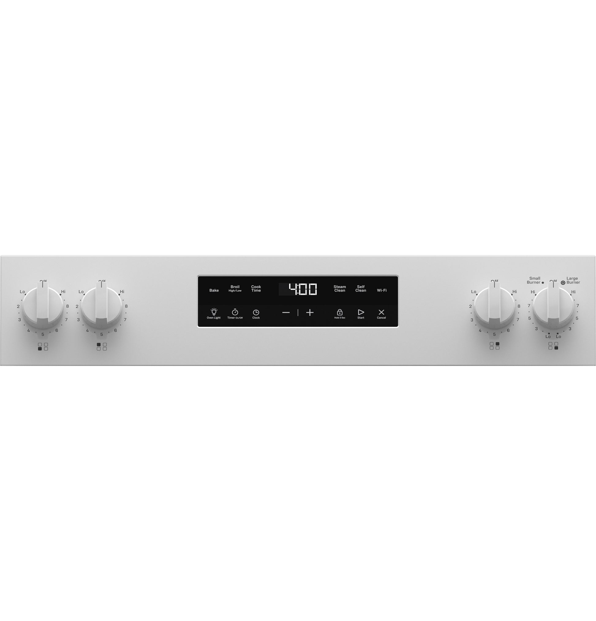 Control panel of white electric range with four metal knobs and digital display set at 400 degrees Fahrenheit