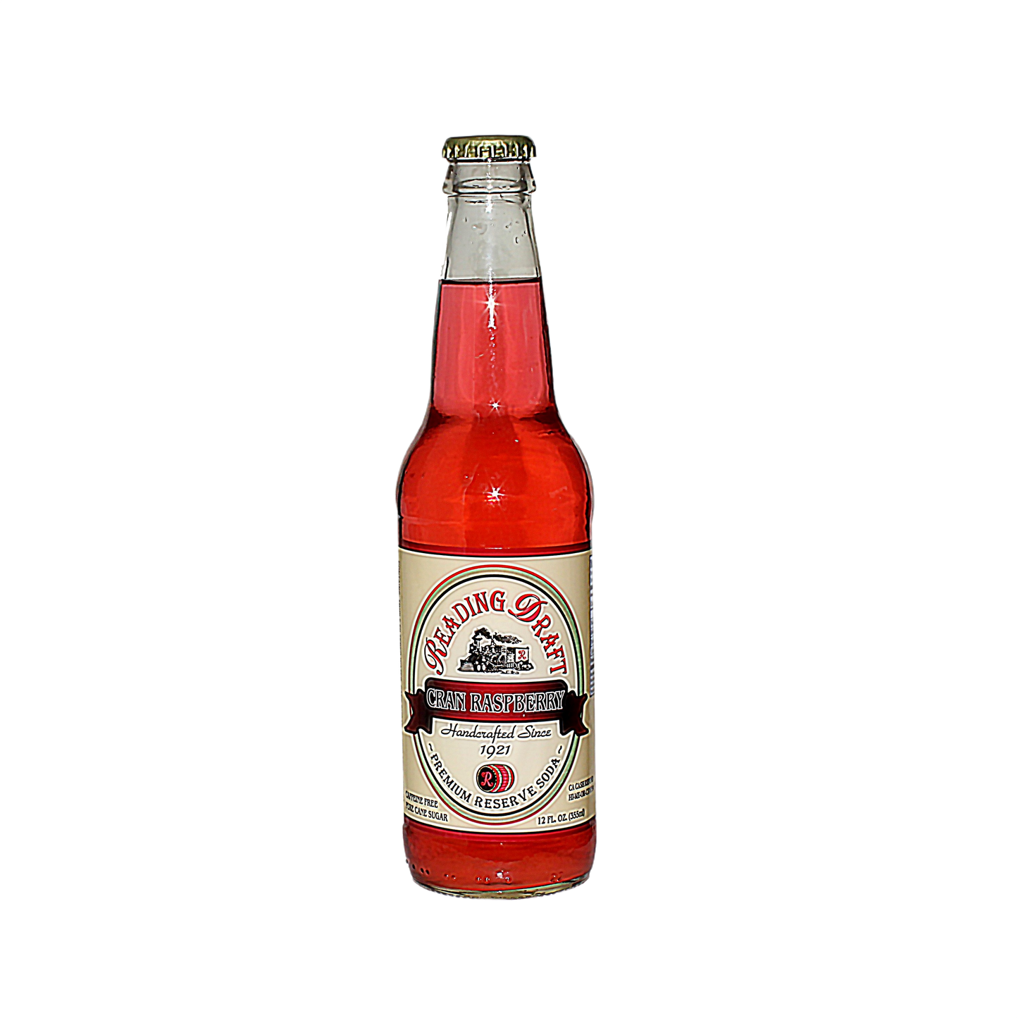 Clear glass bottle filled with red cranberry raspberry soda and vintage-style label design