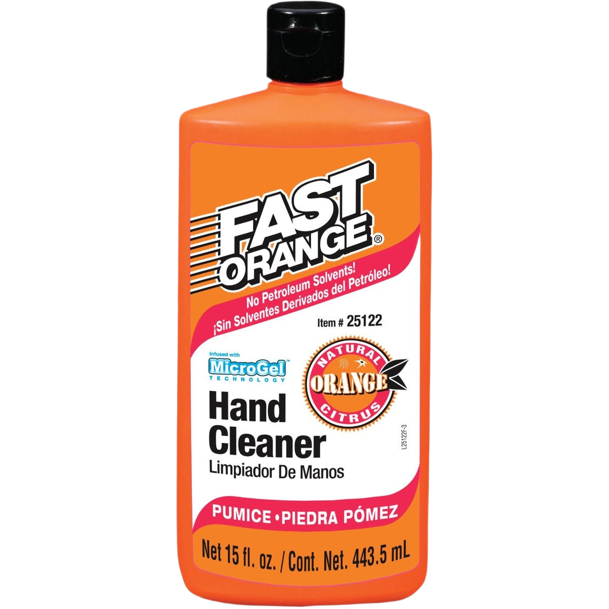 Orange bottle of pumice citrus hand cleaner with black cap and bold white and black label for tools cleanup