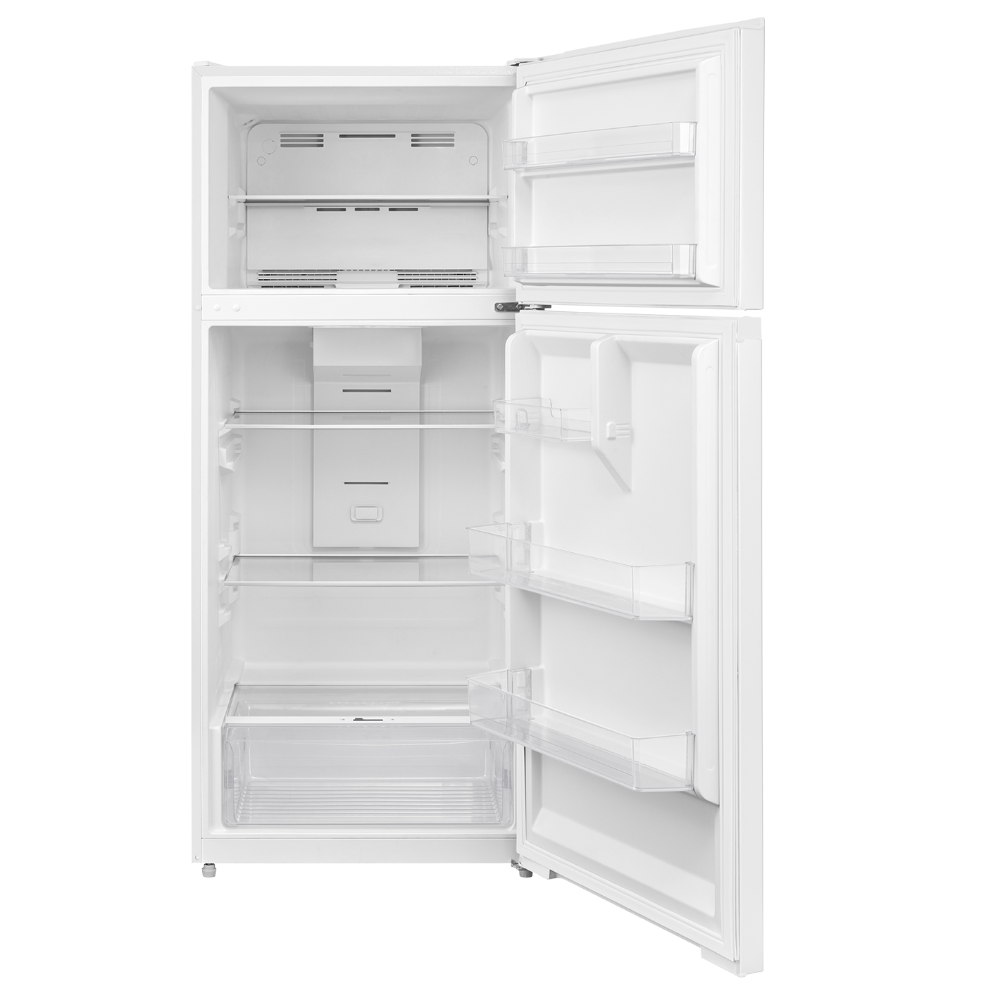 Open white top freezer refrigerator showing adjustable glass shelves and door bins for kitchen appliances collection
