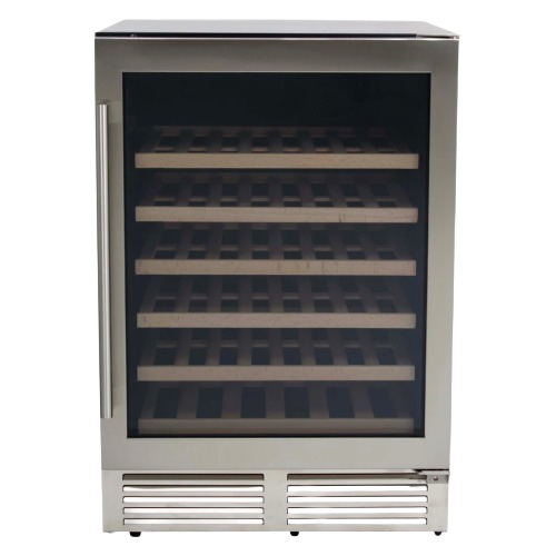 Stainless steel wine cooler with glass door and wooden shelving, 51-bottle capacity in appliances and kitchenware collection