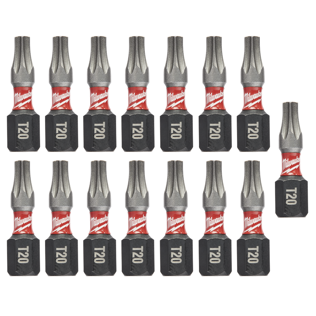 Set of 15 Milwaukee T20 impact bits with Wear Guard Tip technology for durable tool accessories and home improvement projects