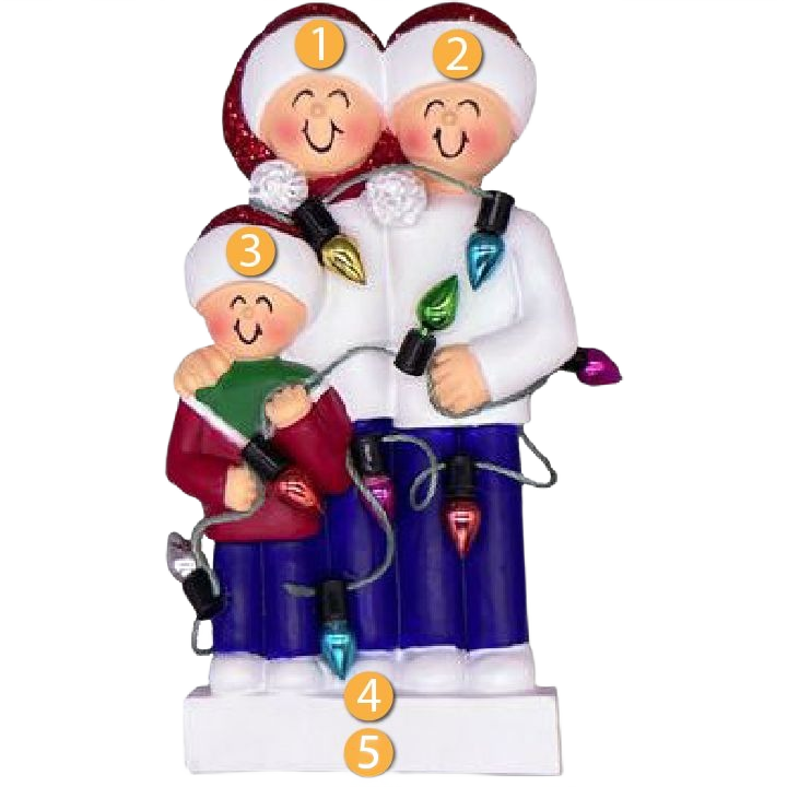 Ceramic family of three figurine wrapped in colorful Christmas lights for festive holiday décor under $50
