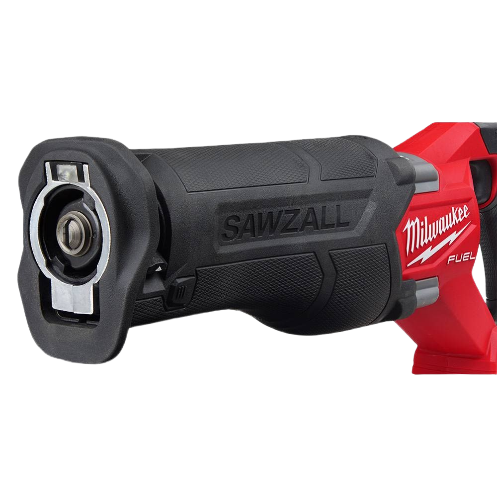 Close-up of Milwaukee M18 FUEL reciprocating saw front casing and ergonomic grip in electric power tools collection