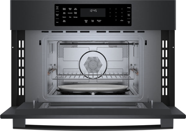 Black stainless steel speed oven with digital control panel and interior cooking racks in kitchen appliances collection